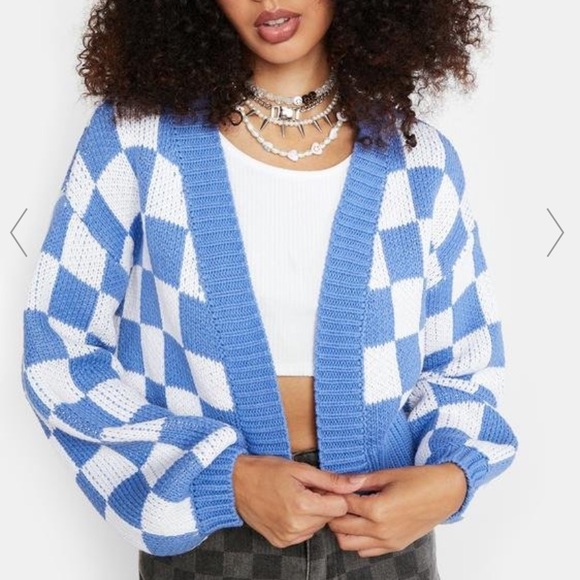 Blue Blush | Sweaters | Blue White Checkered Knit Crop Cardigan | Poshmark